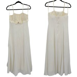 Vtg 80's Dress Spaghetti Strap Slip Lace Bodice Empire Chiffon‎ Maxi White Sz S